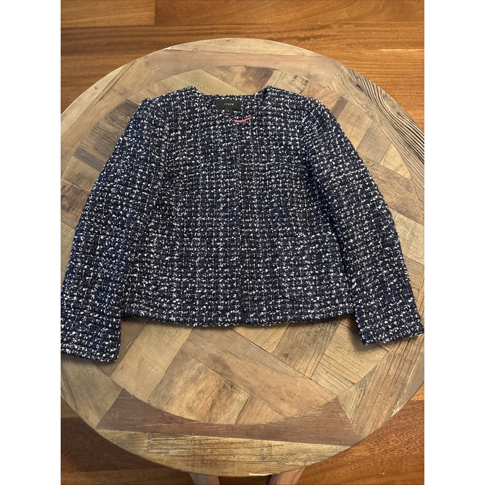 J Crew Women's Navy/Black Metallic Tweed Jacket Size 2 Cropped Wool Blend